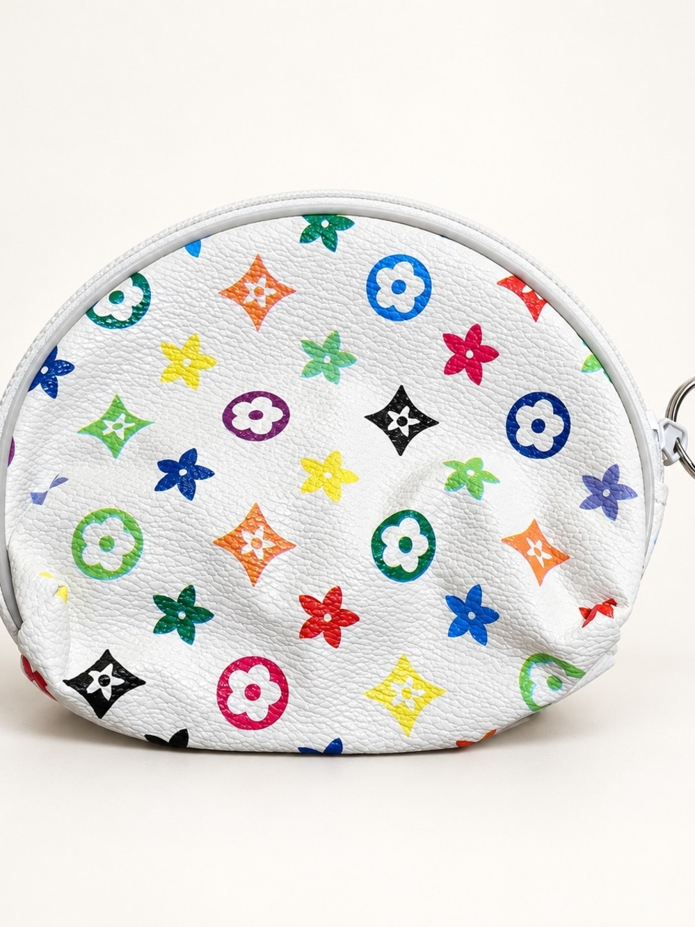 White Multicolor Logo-Print Round Coin Purse